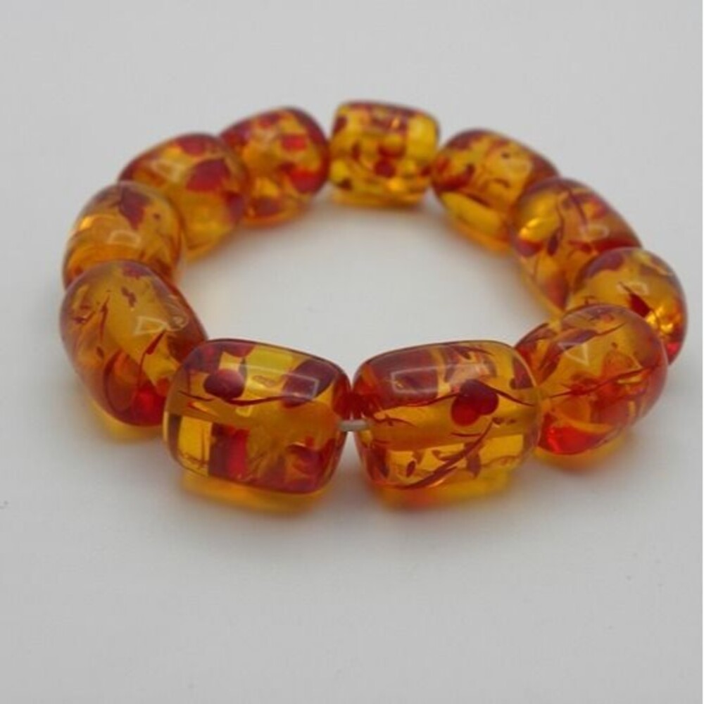Vintage Faux Amber Stretch Bracelet Lucite Barrel Beaded Chunky Boho Retro Earth